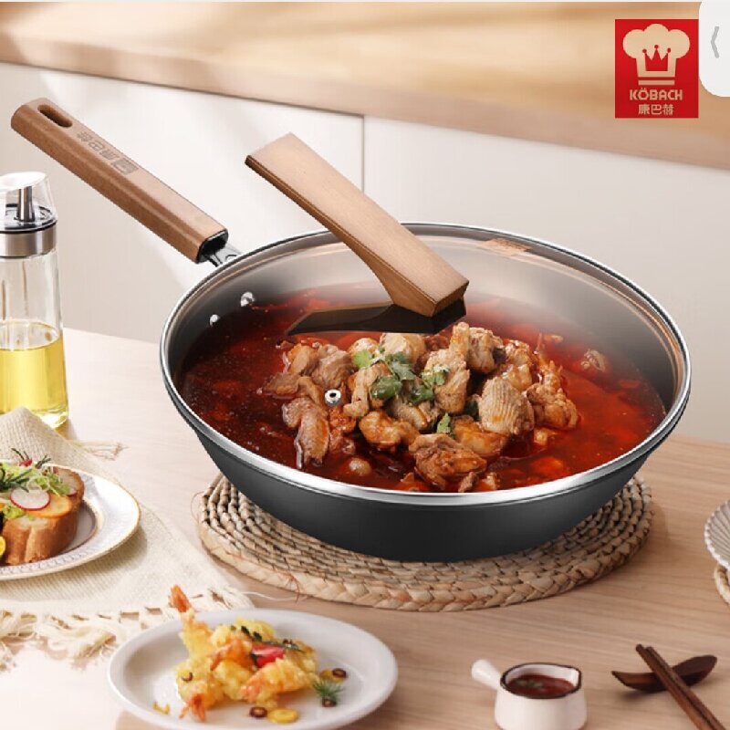 康巴赫 新款乐厨32cm无涂层精铁炒锅家用平底电磁炉明火通用炒菜锅铁锅 精美礼盒装带锅盖  新款LPB-C32LA