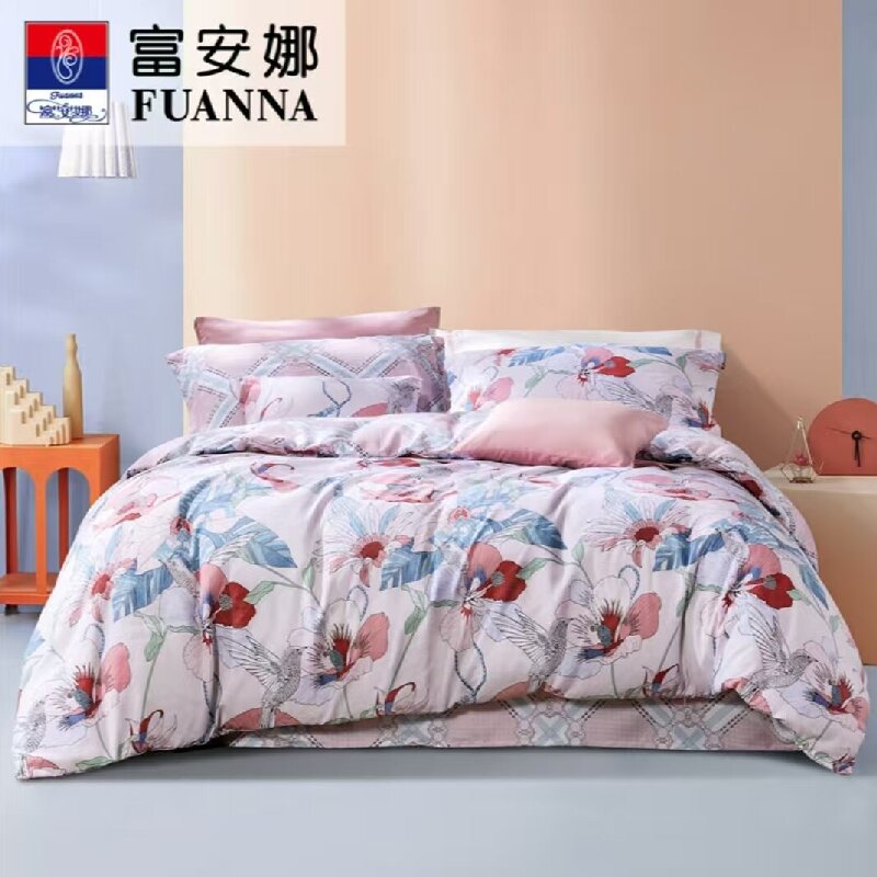 富安娜家纺 四件套洛缨安巢 印花款 被套203*229cm 床单230*240cm 枕套74*48*2（ 5个/箱）100%聚酯纤维